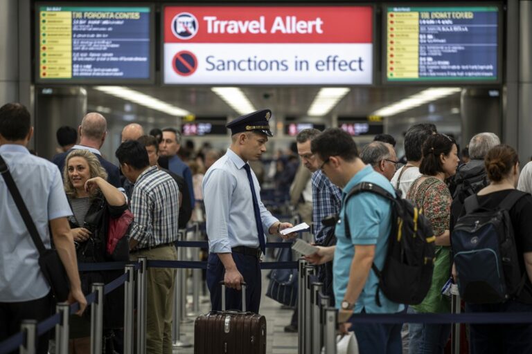Crowded airport check-in area with a uniformed officer examining documents while travelers queue with luggage trolleys and backpacks.