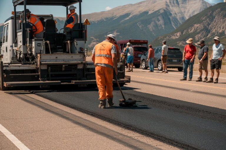 Road workers in orange vests paving asphalt on a highway with a paver, mountains in the background.