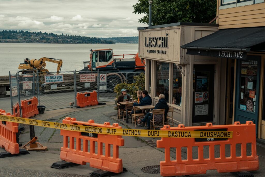 Cafe diners sit at wooden tables outside a shop by the water, with construction barriers and equipment in the foreground and a sign reading LESCHI above the storefront.