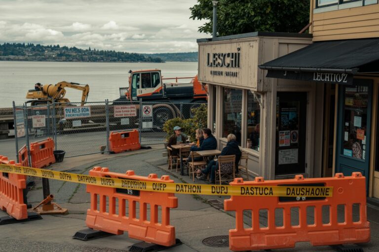 Cafe diners sit at wooden tables outside a shop by the water, with construction barriers and equipment in the foreground and a sign reading LESCHI above the storefront.