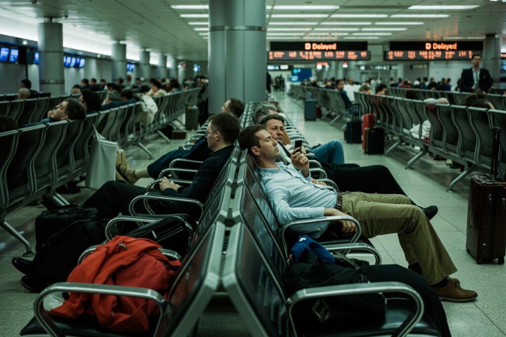 Traveler reclining in a row of airport chairs, scrolling on his phone with luggage nearby.