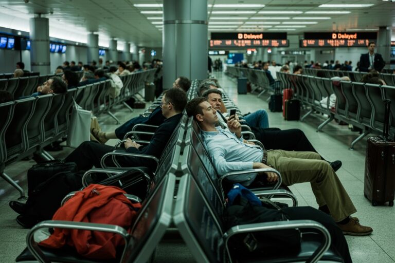 Traveler reclining in a row of airport chairs, scrolling on his phone with luggage nearby.