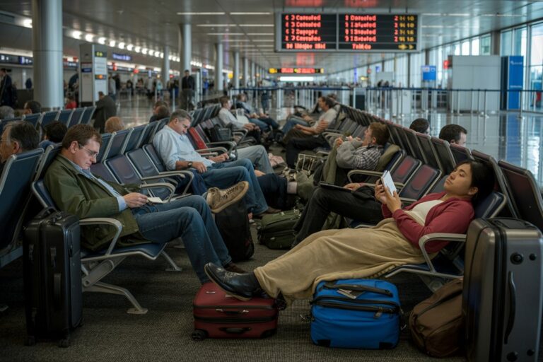 Rows of blue seats in an airport gate area with travelers seated, some using devices and luggage at their feet or beside them.