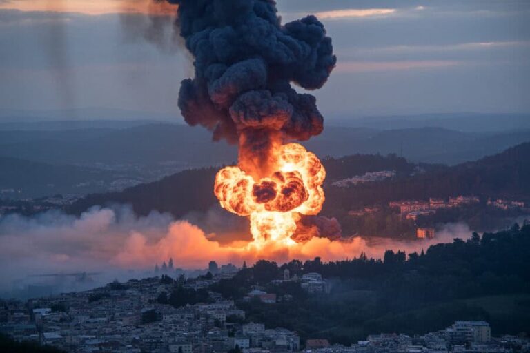 Massive explosion with a bright orange fireball and dark smoke rising over a hillside town at dusk.
