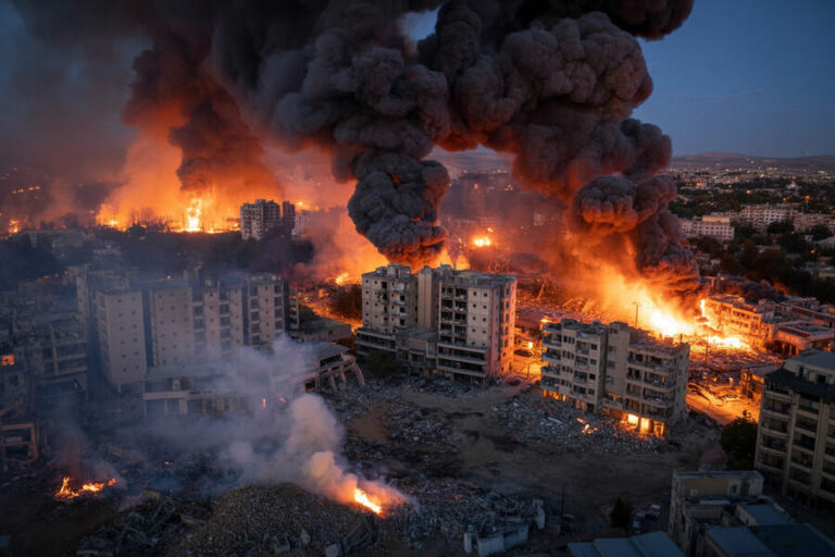 Aerial view of a city district engulfed in flames with thick black smoke rising from burning apartment blocks at dusk.