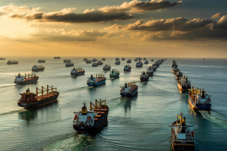 Formation of cargo ships sailing on a calm sea at sunset, stretching to the horizon.