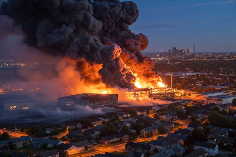Industrial facility on fire with thick black smoke rising over a suburban neighborhood and a distant city skyline.