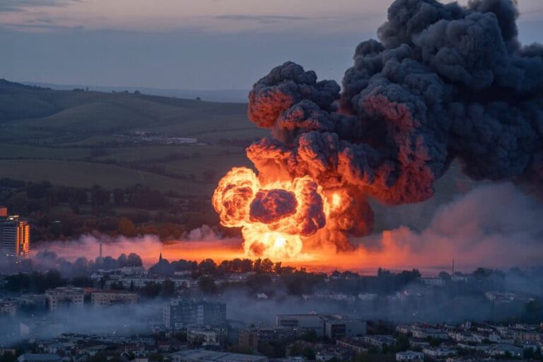 Massive explosion with orange fireball and thick black smoke rising over a city skyline and hills in the background.