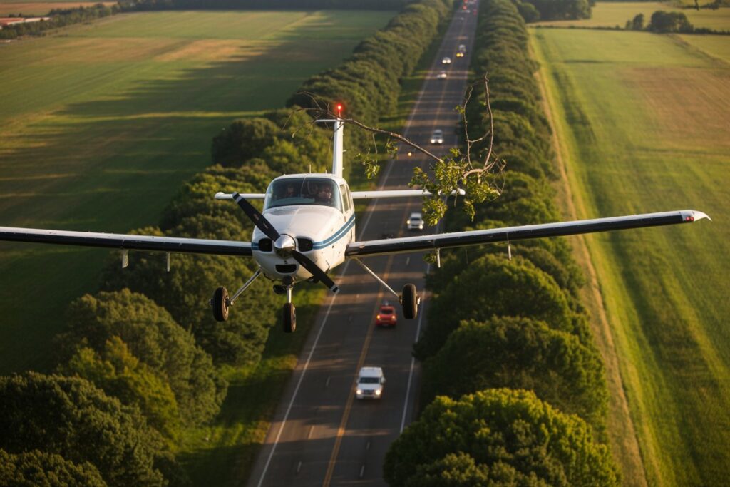 Small single-engine plane flying low above a tree-lined rural road with cars beneath and green fields on either side.