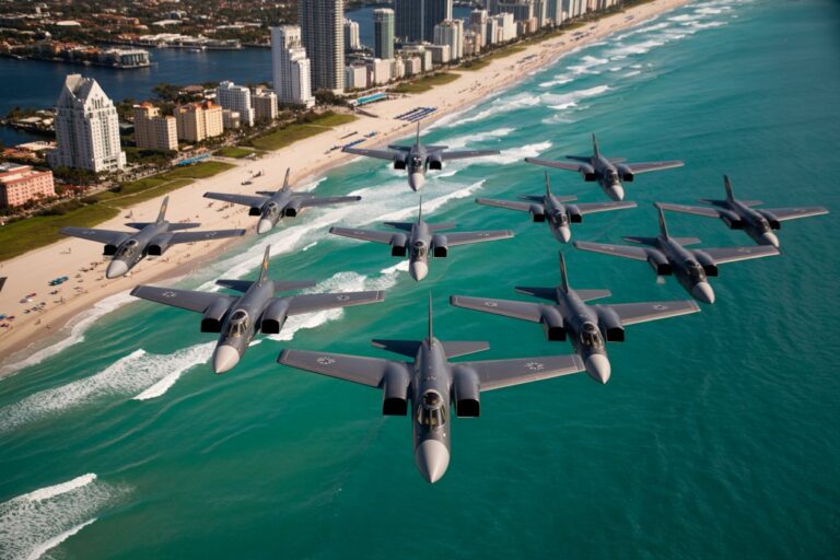 Formation of grey fighter jets flying in close precision over a turquoise ocean along a sandy beach with high-rise buildings in the background.