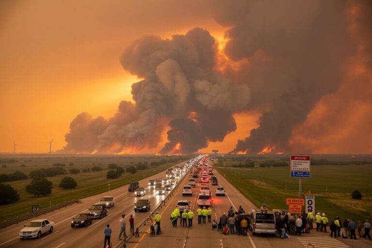 Highway traffic jam as firefighters and volunteers line the road while a massive wildfire erupts on the horizon with dark smoke and an orange sky, far in the distance.