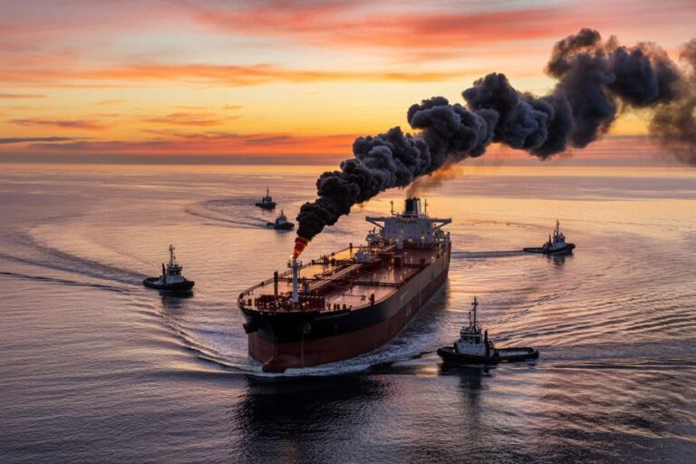 Oil tanker steaming through calm sea at sunset with a thick black smoke plume, escorted by several tugboats.