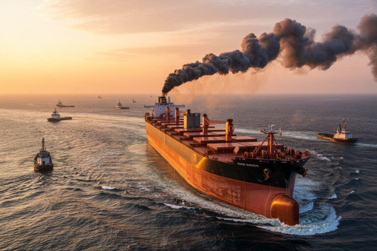 Large cargo ship at sea emitting dark smoke from its stack, surrounded by tugboats at sunset