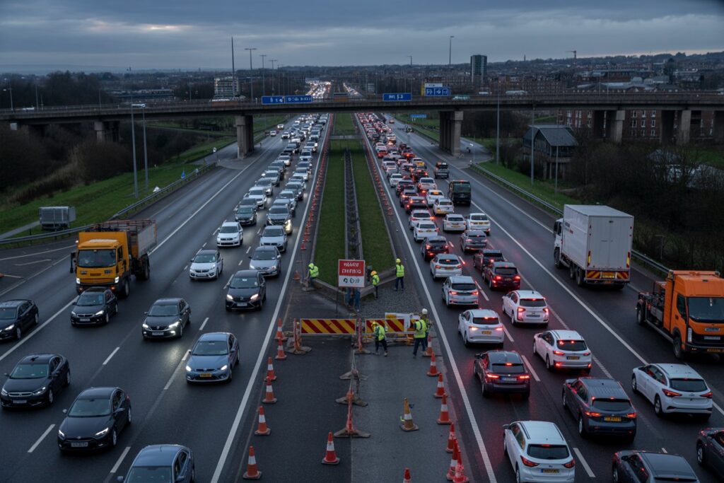 Rush-hour highway with lane closure; construction workers place traffic cones around a central median barrier under overpass. The road is congested with cars in both directions, orange work trucks nearby.