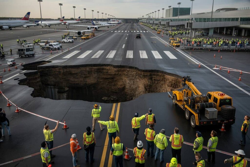 Runway sinkhole with crews in safety vests guiding traffic and a tow truck nearby at an airport runway edge.