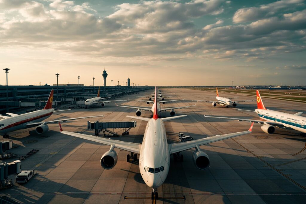 Wide view of a busy airport apron with multiple airplanes parked at gates and jet bridges stretching into the distance at sunset/soft light.