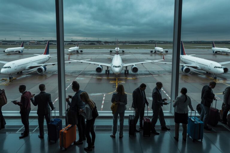 Passengers with rolling suitcases wait along a glass wall, looking out at parked airplanes on a cloudy tarmac. I passengers lined up with luggage inside an airport, with multiple jets visible outside the window. row of travelers stand by their bags at a terminal window as several airplanes are parked on the wet tarmac.ront view of an airport terminal interior with people waiting, facing a large window showing a jet bridge and planes abroad.usy airport scene: travelers with suitcases inside a terminal, overlooking parked aircraft under a overcast sky. n airport boarding area with travelers and luggage, with several commercial planes visible through floor-to-ceiling windows.