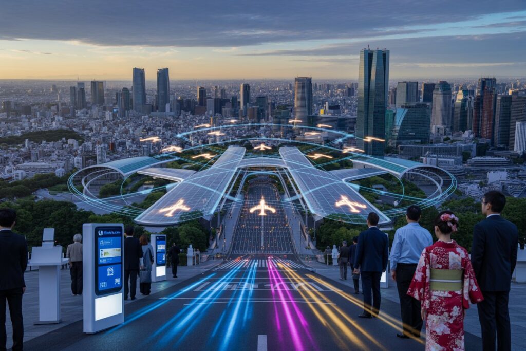 Futuristic elevated transit plaza over a city skyline with glowing runways and neon light trails; people in foreground.