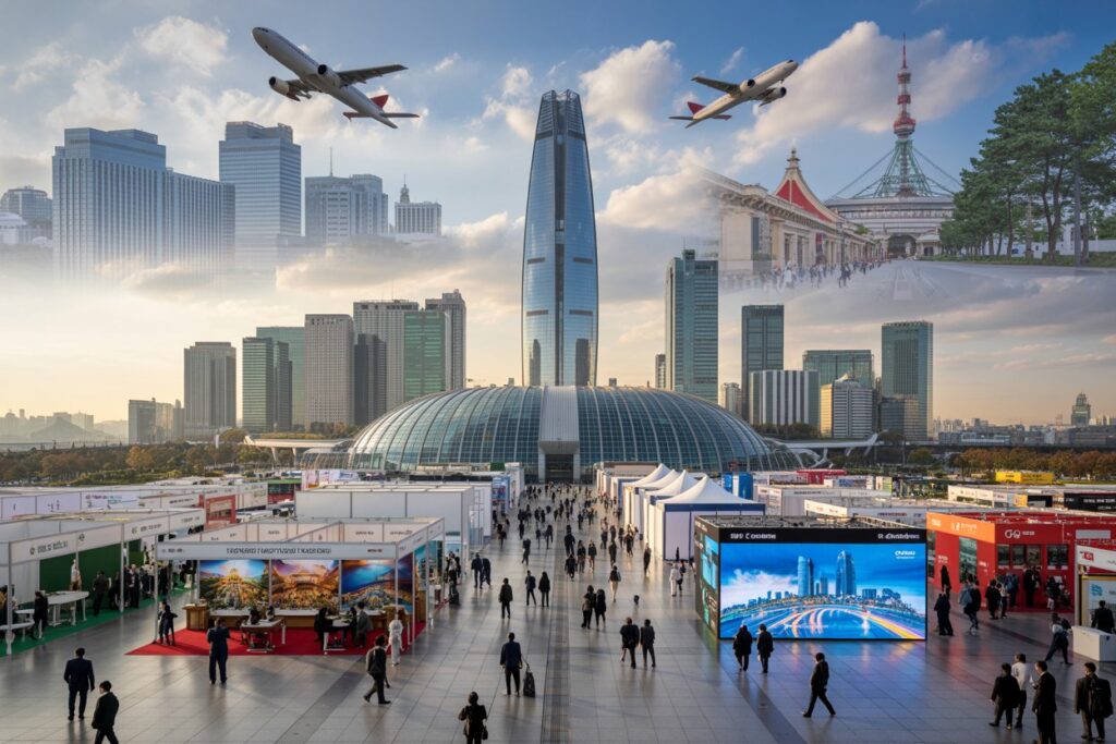 Wide expo scene with blue sky, a central glass dome, rows of booths, and crowds walking toward the city skyline.