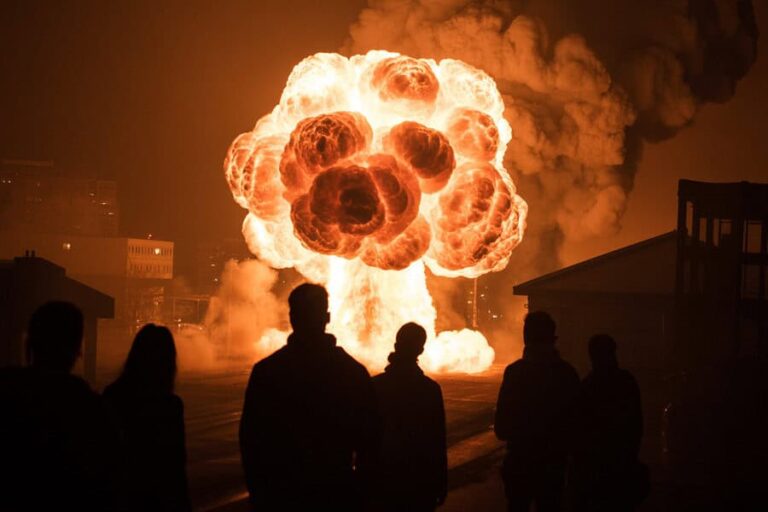 Nighttime scene of a large fiery explosion resembling a mushroom cloud as silhouettes of onlookers watch nearby.