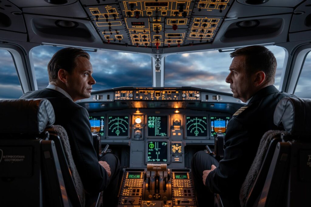 Two pilots sit in the cockpit facing each other, with illuminated flight instruments and a cloudy sky outside the windshield.