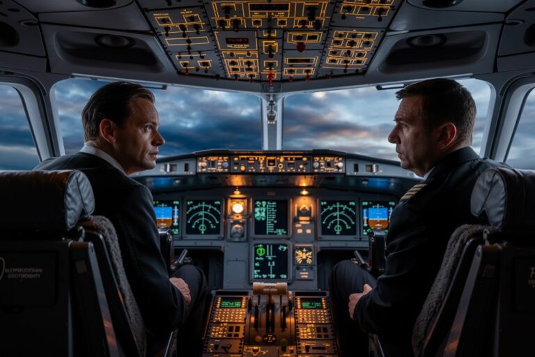 Two pilots sit in the cockpit facing each other, with illuminated flight instruments and a cloudy sky outside the windshield.