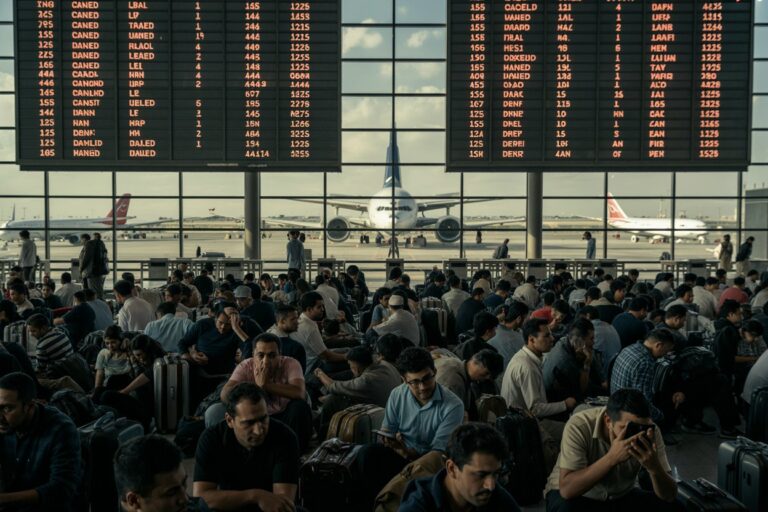 Crowded airport terminal with travelers seated among luggage, flight boards overhead, planes visible outside the windows.