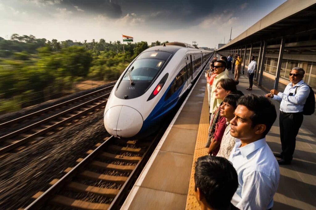 High-speed white-blue train at a platform with awaiting passengers and an Indian flag in the background.
