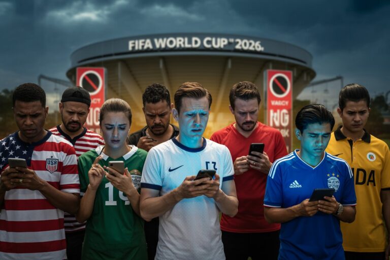 Group of diverse fans in front of a FIFA World Cup 2026 stadium, all looking at their phones.