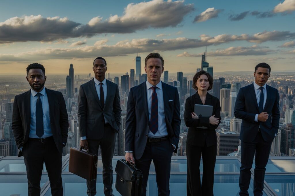 Five business professionals in suits stand on a rooftop overlooking a city skyline at sunset, looking toward the camera.