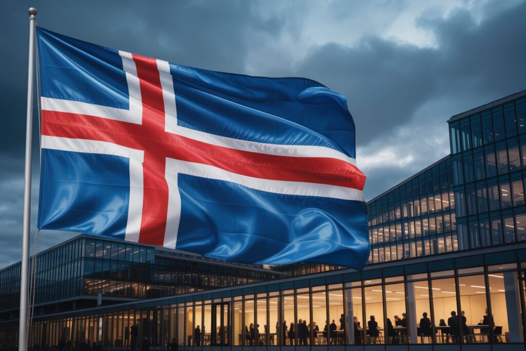 Icelandic flag waving in front of a glass office building at dusk with lit interior silhouettes.