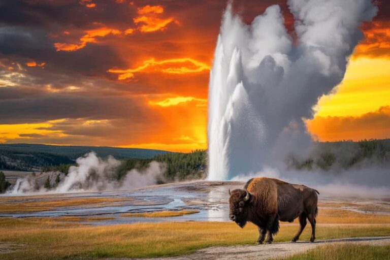 Bison standing on a dirt path as a geyser erupts behind at sunset with orange skies and steam.