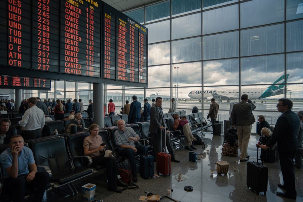 Busy airport terminal with a large departure board showing flight numbers and times, travelers seated and waiting with luggage as a Qantas aircraft sits on the tarmac outside the glass wall.