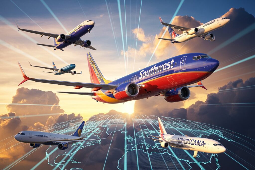 Southwest Airlines jet leading a formation of international airplanes over a glowing world map.
