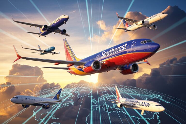 Southwest Airlines jet leading a formation of international airplanes over a glowing world map.