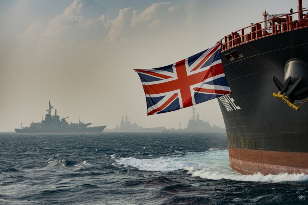 Large cargo ship with a Union Jack flag hanging from its stern, on rough sea with distant naval vessels in the background
