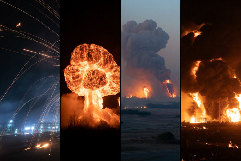 Four-panel montage of a nighttime industrial explosion sequence: sparks, a bright fireball, towering smoke, and a blazing flare.
