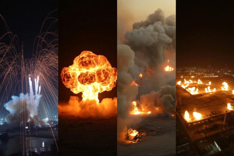 A four-panel collage of extreme fires: fireworks at left, a bright nuclear blast, a large industrial fire with smoke, and oil-field flames at night.
