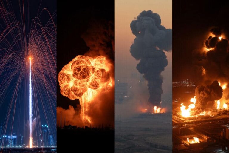 Four-panel collage showing a rocket launch and successive fiery explosions with large smoke plumes at night, depicting a dramatic sequence of events.