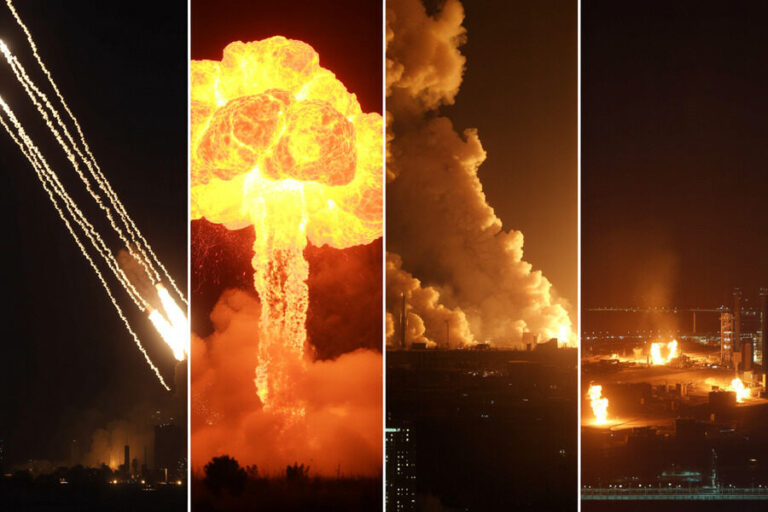 Four-panel nighttime montage showing an explosion sequence: streaking missiles, a bright mushroom cloud, rising smoke over an industrial area, and fires in the distance.