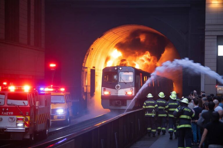 Firefighters in turnout gear spray water at a burning tunnel as a train exits the tunnel with dramatic flames behind it.