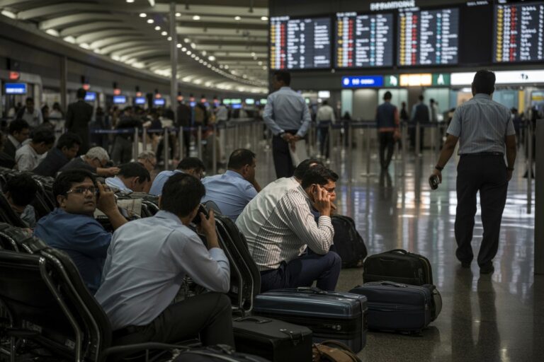 Waiting area in an airport with travelers seated among suitcases, a man on a phone in focus.