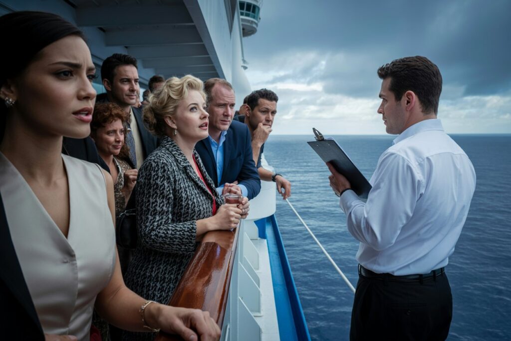 Group of passengers on a cruise ship deck listening to a staff member with a clipboard at the railing by the ocean.