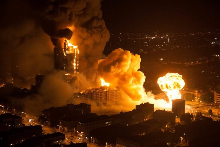 Nighttime cityscape with a tall building on fire, large flames and thick smoke belching upward along a skyline.