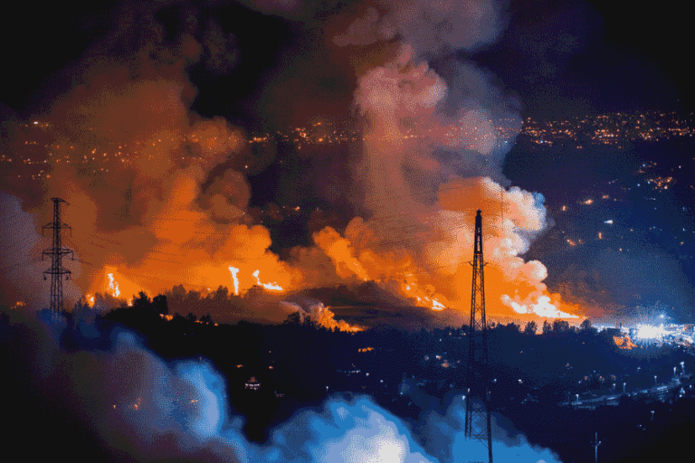 Nighttime view of a large industrial fire with orange flames and thick smoke, silhouetted towers and power lines in the foreground and city lights in the distance.