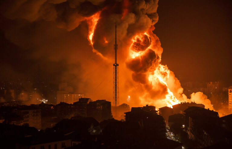 Night scene of a city block on fire, a tall radio tower rising among thick orange smoke and flames, illuminating the scene at night.