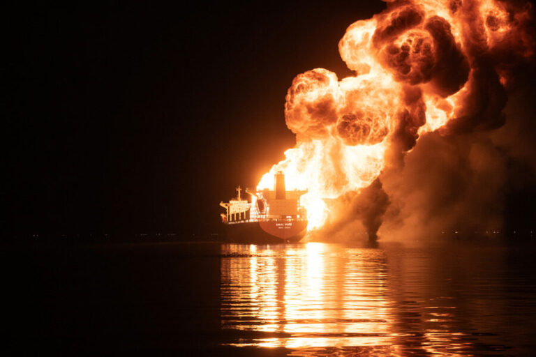 Large cargo ship on dark water as a massive explosion and flames erupt from its midsection, nighttime scene with fiery reflection.