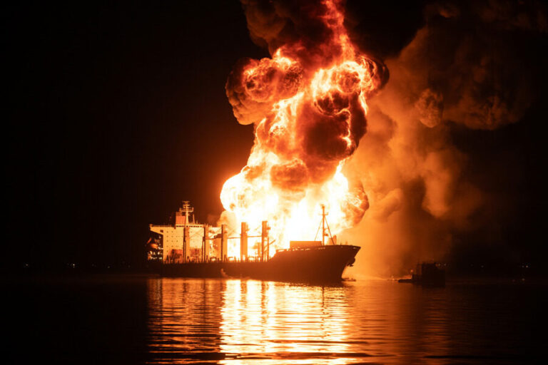 Oil tanker ablaze at night with towering flames and smoke reflecting on the water edge of the scene