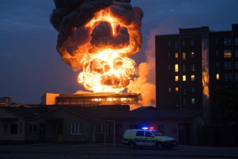 Massive explosion and flames erupt from a building at dusk, with dark smoke rising above; an ambulance with flashing lights is parked in the foreground.