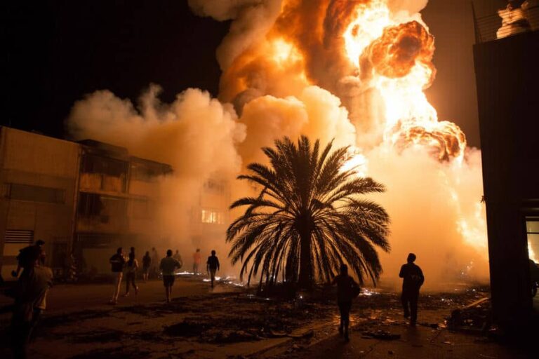 A large fire and smoke engulfing a building at night as people run away, with a palm tree in the foreground.